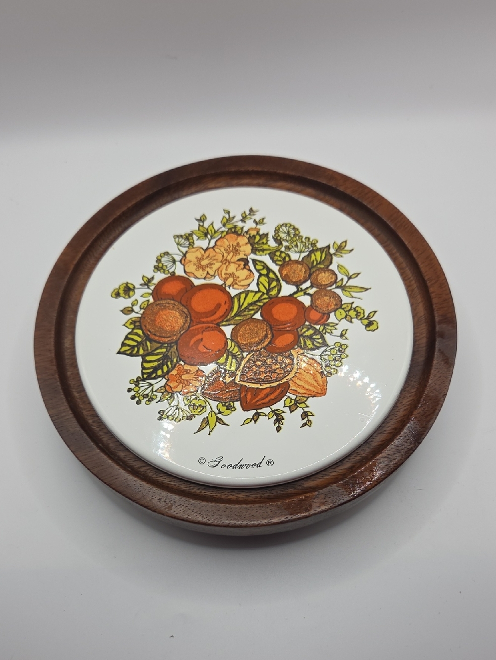 Goodwood Ceramic Fruit Tile Wooden Trivet - Orange Brown Vintage
